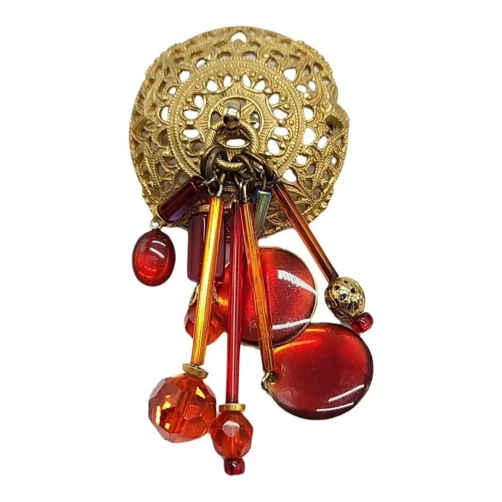 Etruscan Style Gold Tone Red Enamel Glass Crystal Bead Tassel Brooch 3.5"